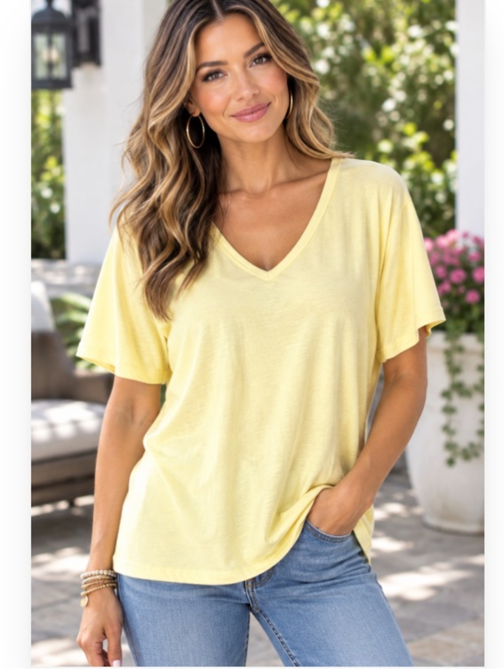 L.L. Bean Supima Cotton Women's V-Neck Short Sleeve Tee in Pale Yellow Size 1X